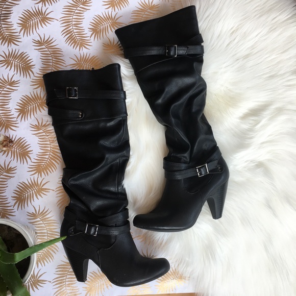 black faux leather heeled boots